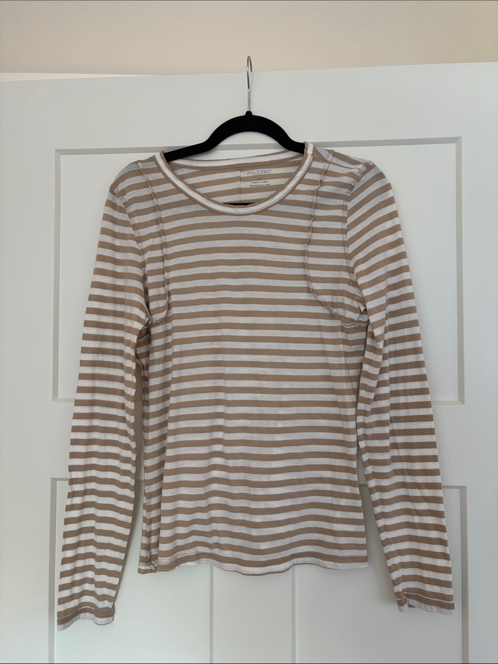 Pilcro Beige and White Striped Long Sleeve Tee